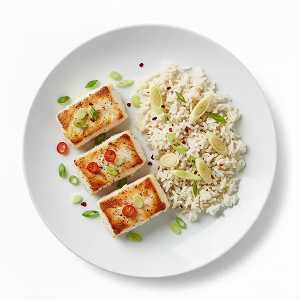 Coconut marinated grilled fish with lemongrass rice